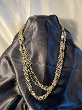 Vintage Multi-Strand Silver Tone Chain Necklace 52" Long Layered Bead Necklace
